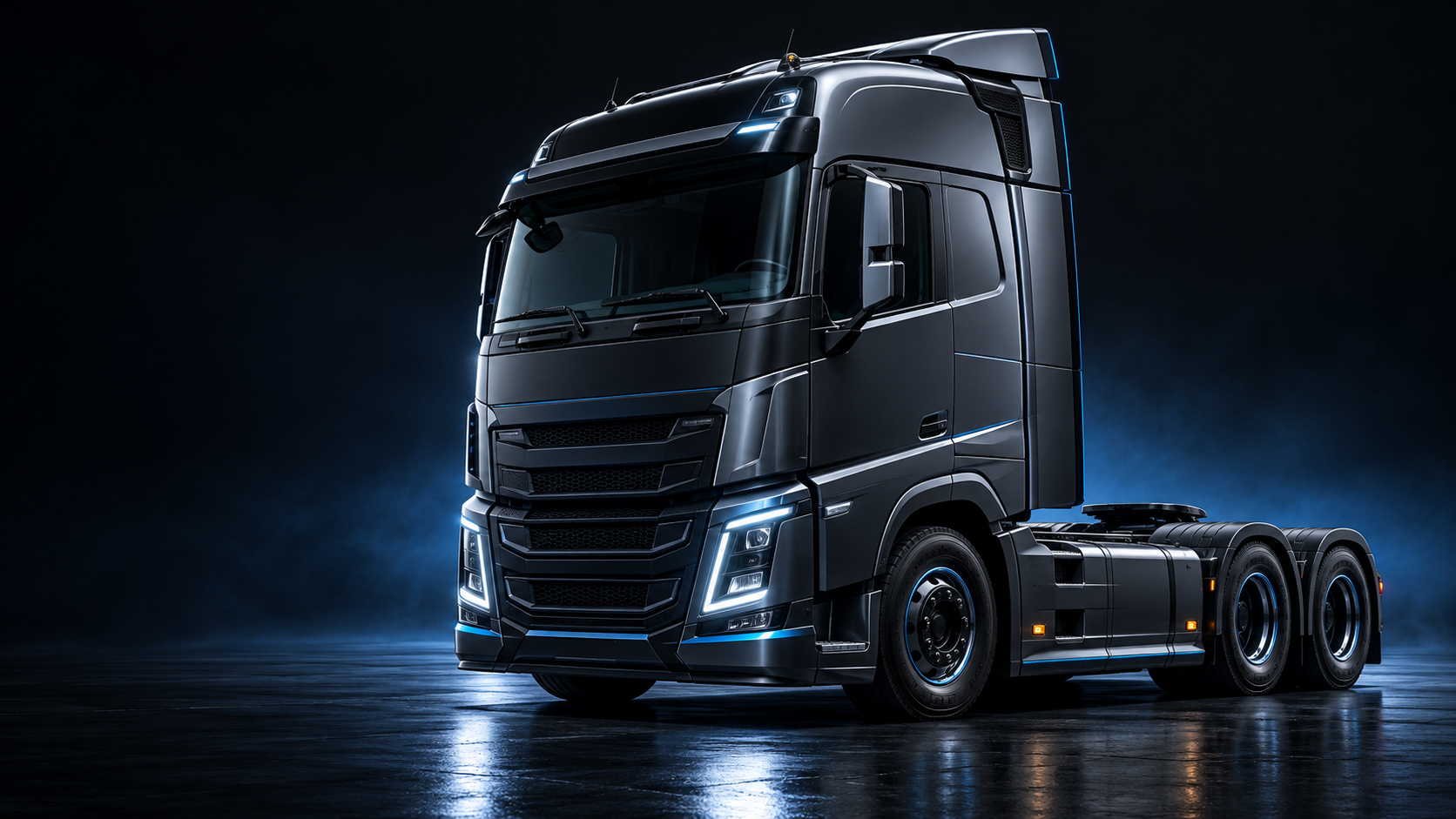 Illustrative heavy-duty truck in a charcoal studio